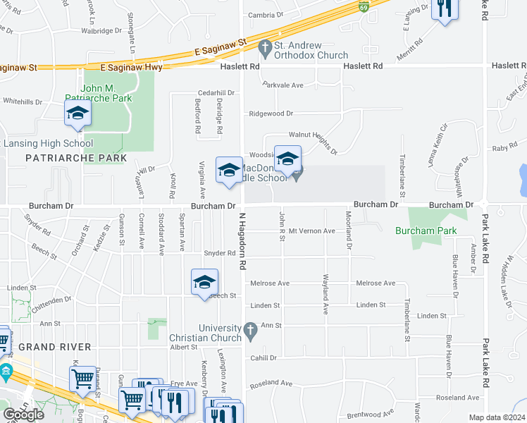 map of restaurants, bars, coffee shops, grocery stores, and more near 1538 Burcham Drive in East Lansing