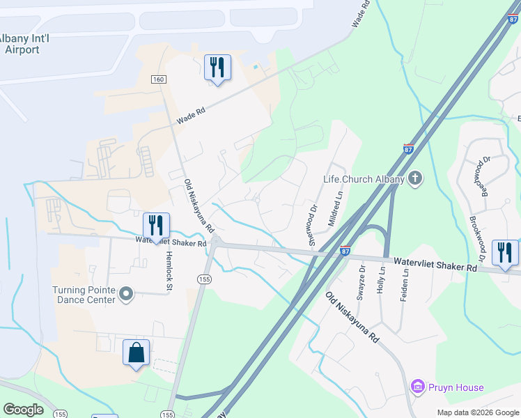 map of restaurants, bars, coffee shops, grocery stores, and more near 2 Broom Shop Lane in Albany County