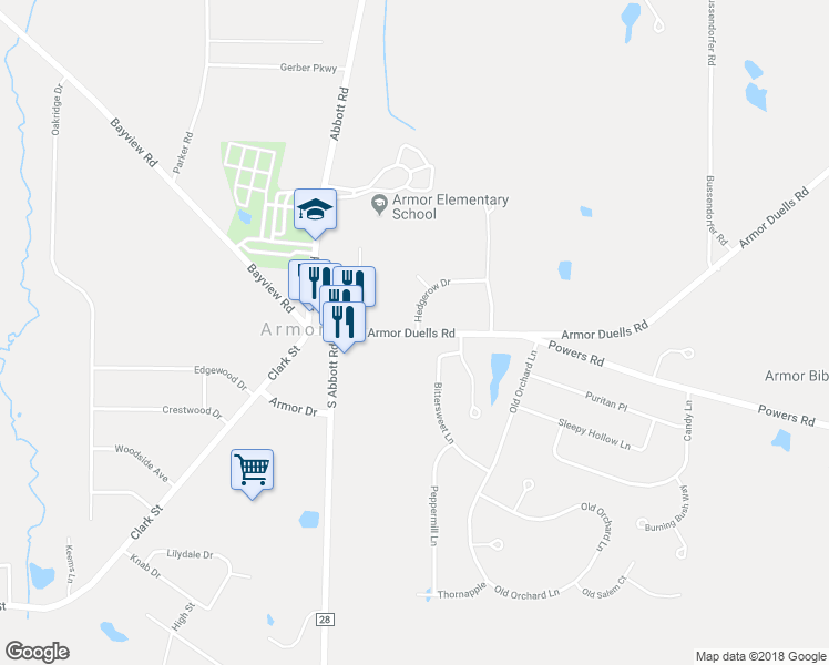 map of restaurants, bars, coffee shops, grocery stores, and more near 5100 Armor Duells Road in Orchard Park