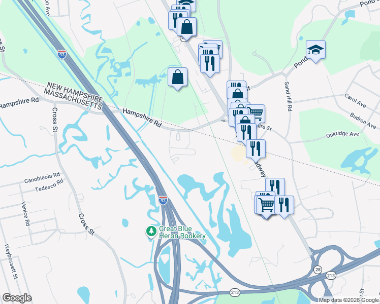 map of restaurants, bars, coffee shops, grocery stores, and more near 1 Hampshire Road in Methuen