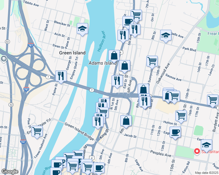 map of restaurants, bars, coffee shops, grocery stores, and more near 547 River Street in Troy