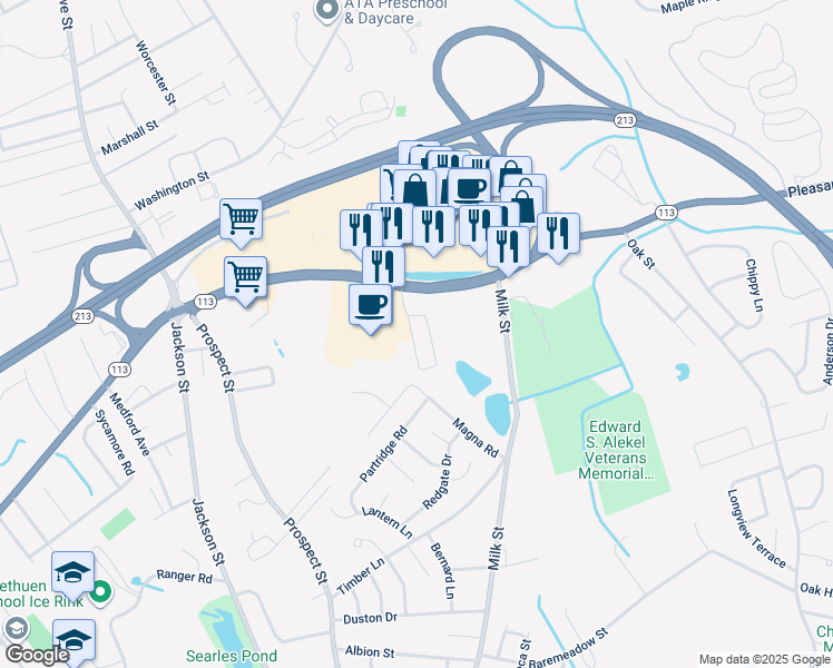 map of restaurants, bars, coffee shops, grocery stores, and more near 83 Pleasant Valley Street in Methuen