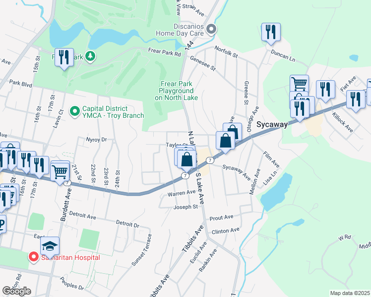 map of restaurants, bars, coffee shops, grocery stores, and more near 443 Taylor Court in Troy