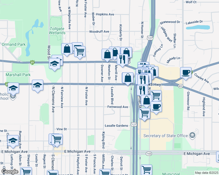 map of restaurants, bars, coffee shops, grocery stores, and more near in Lansing