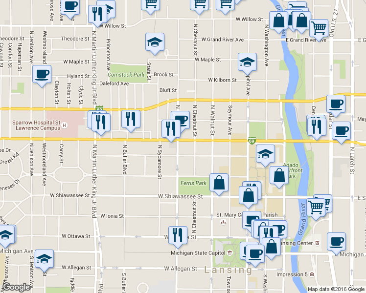 map of restaurants, bars, coffee shops, grocery stores, and more near in Lansing