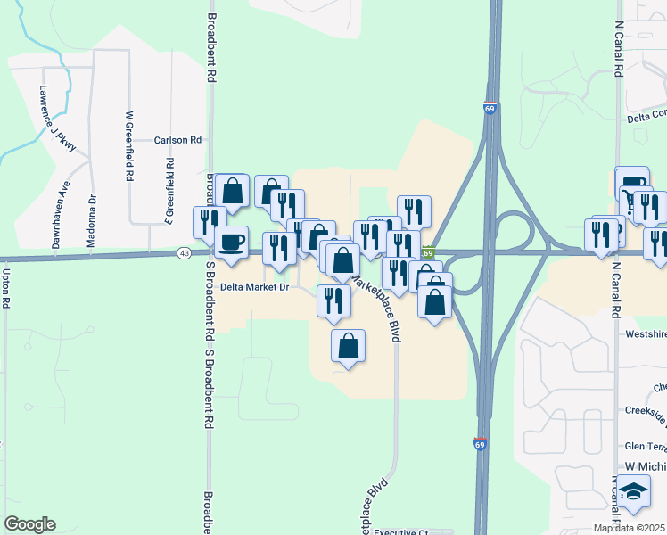map of restaurants, bars, coffee shops, grocery stores, and more near 647 North Marketplace Boulevard in Lansing