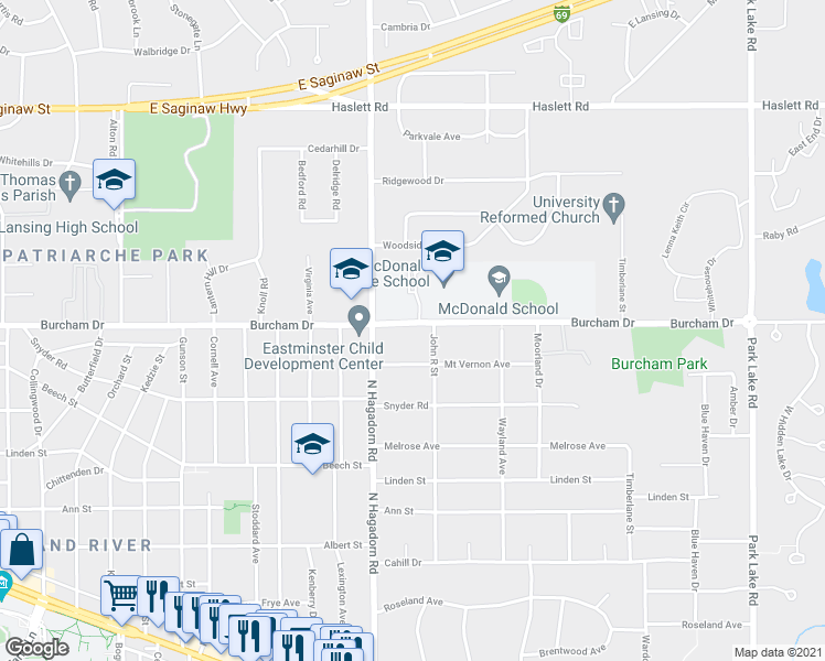 map of restaurants, bars, coffee shops, grocery stores, and more near 1550 Burcham Drive in East Lansing