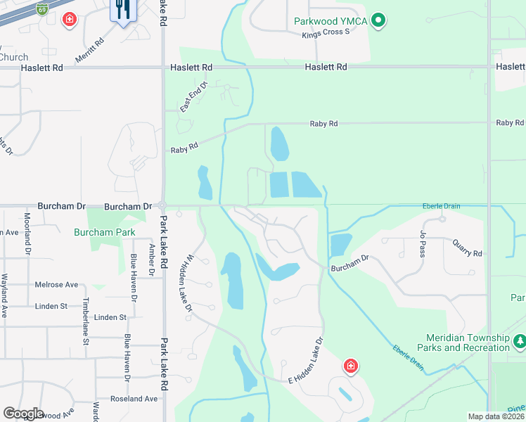 map of restaurants, bars, coffee shops, grocery stores, and more near 2482 Burcham Drive in East Lansing