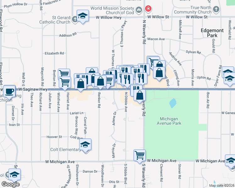 map of restaurants, bars, coffee shops, grocery stores, and more near in Delta charter Township