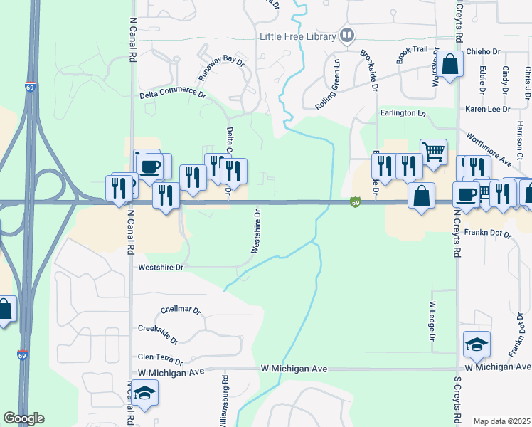 map of restaurants, bars, coffee shops, grocery stores, and more near 7109 West Saginaw Highway in Lansing