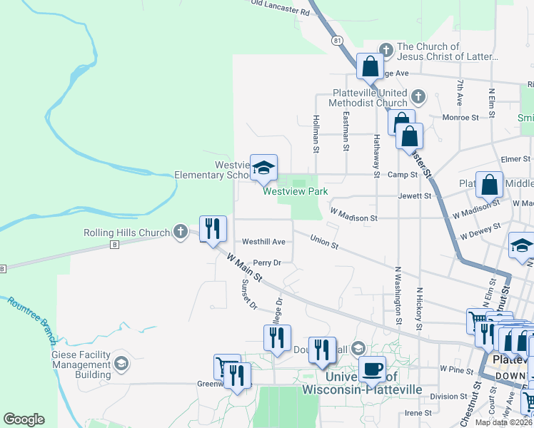 map of restaurants, bars, coffee shops, grocery stores, and more near 1210 Union Street in Platteville