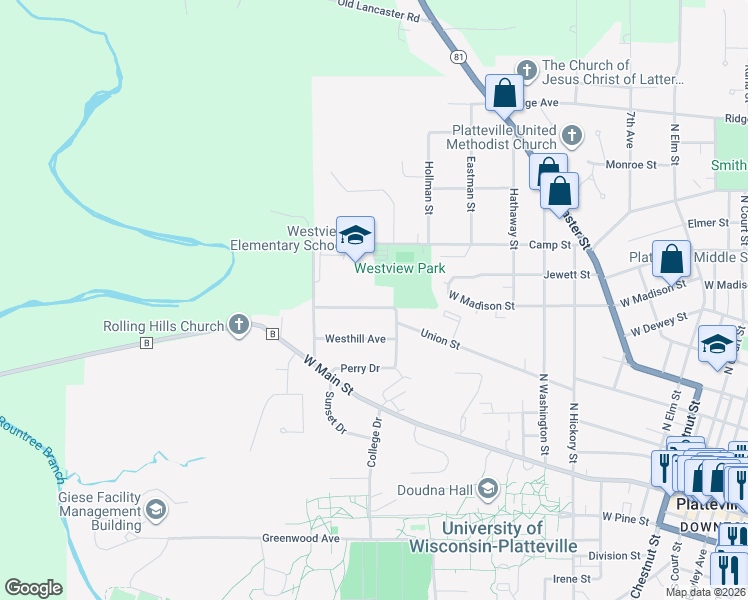 map of restaurants, bars, coffee shops, grocery stores, and more near 1210 Union Street in Platteville