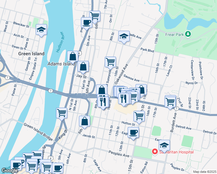 map of restaurants, bars, coffee shops, grocery stores, and more near 268 9th Street in Troy