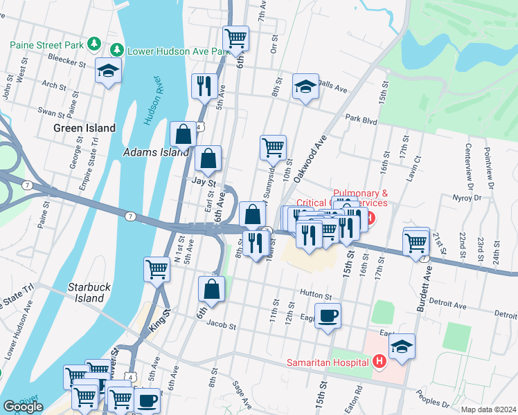 map of restaurants, bars, coffee shops, grocery stores, and more near 268 9th Street in Troy