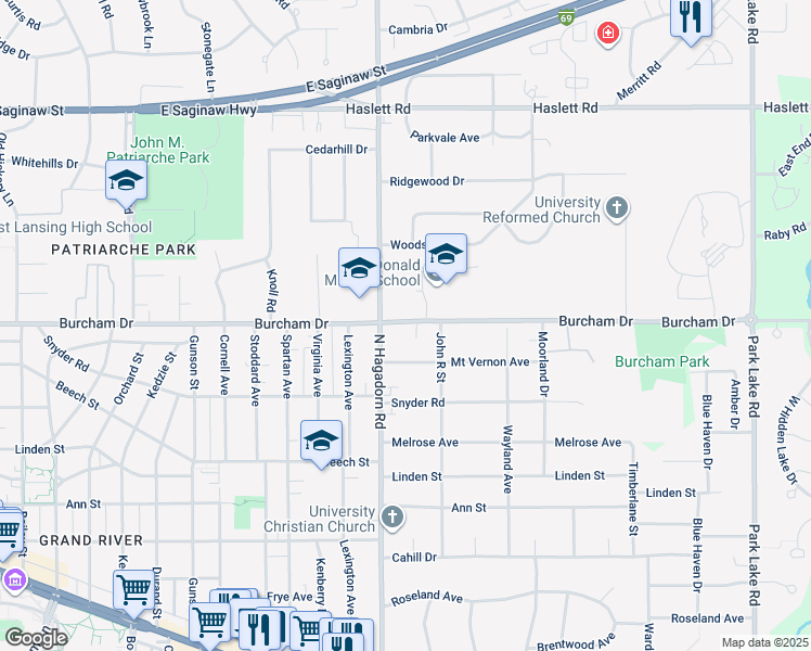 map of restaurants, bars, coffee shops, grocery stores, and more near 1550 Burcham Drive in East Lansing