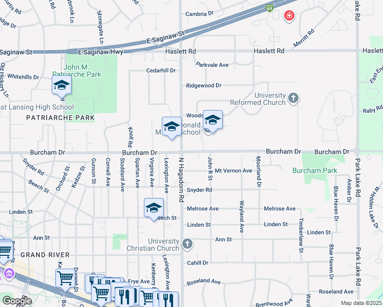 map of restaurants, bars, coffee shops, grocery stores, and more near 1524 Burcham Drive in East Lansing
