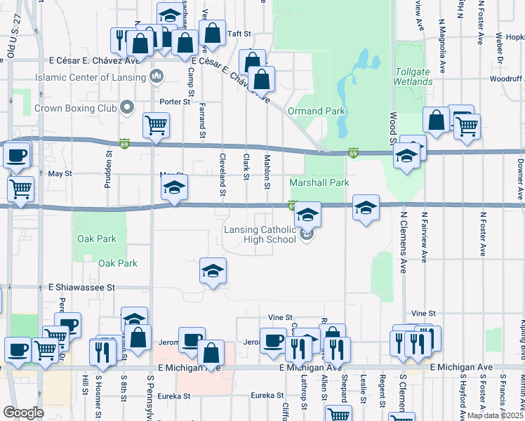 map of restaurants, bars, coffee shops, grocery stores, and more near 705 Mahlon Street in Lansing