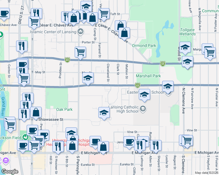 map of restaurants, bars, coffee shops, grocery stores, and more near 1219 East Saginaw Street in Lansing