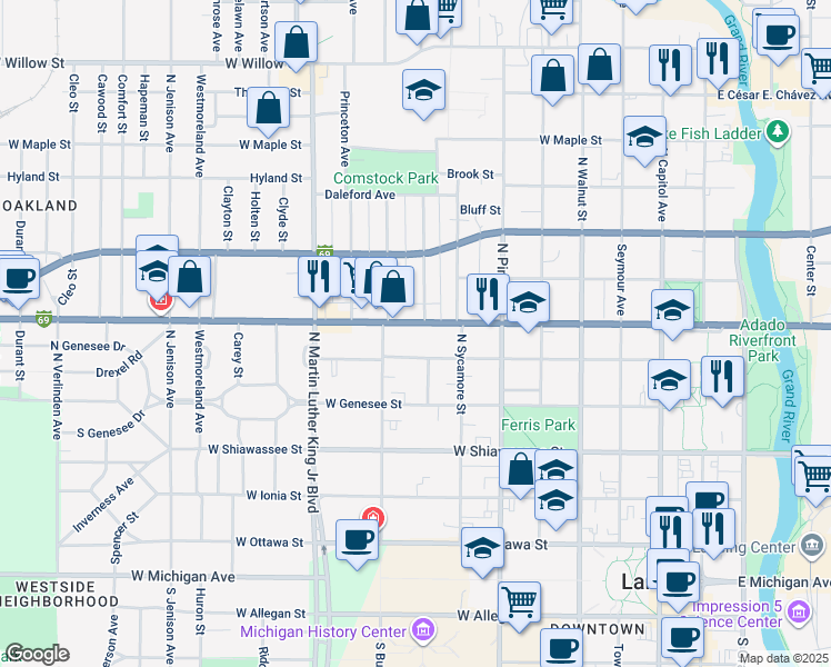 map of restaurants, bars, coffee shops, grocery stores, and more near 700 Chicago Avenue in Lansing