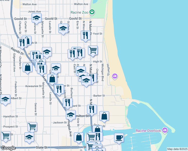 map of restaurants, bars, coffee shops, grocery stores, and more near 1613 North Main Street in Racine