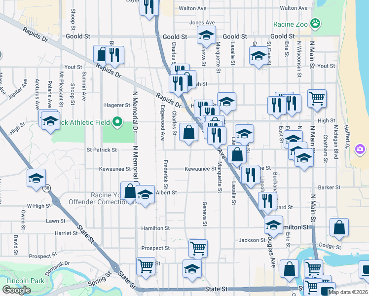 map of restaurants, bars, coffee shops, grocery stores, and more near 1611 Charles Street in Racine
