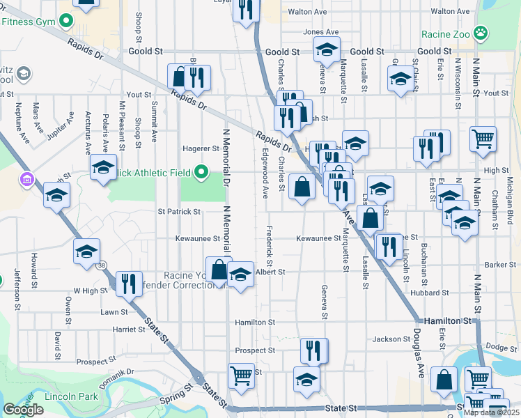 map of restaurants, bars, coffee shops, grocery stores, and more near 1612 Edgewood Avenue in Racine