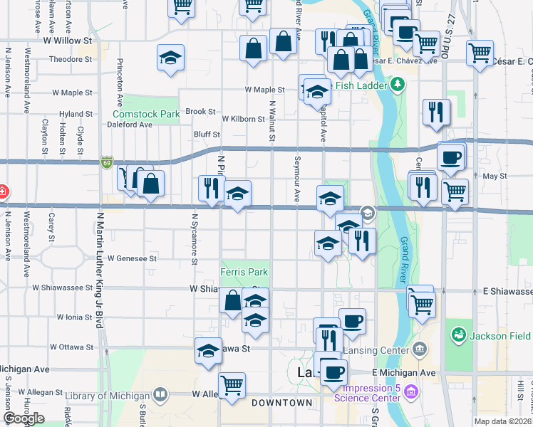 map of restaurants, bars, coffee shops, grocery stores, and more near 621 North Walnut Street in Lansing