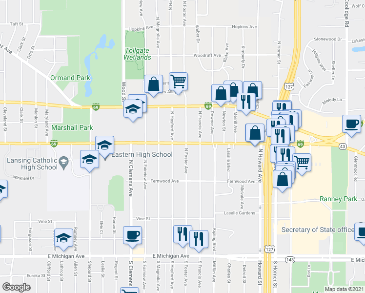 map of restaurants, bars, coffee shops, grocery stores, and more near 704 North Foster Avenue in Lansing