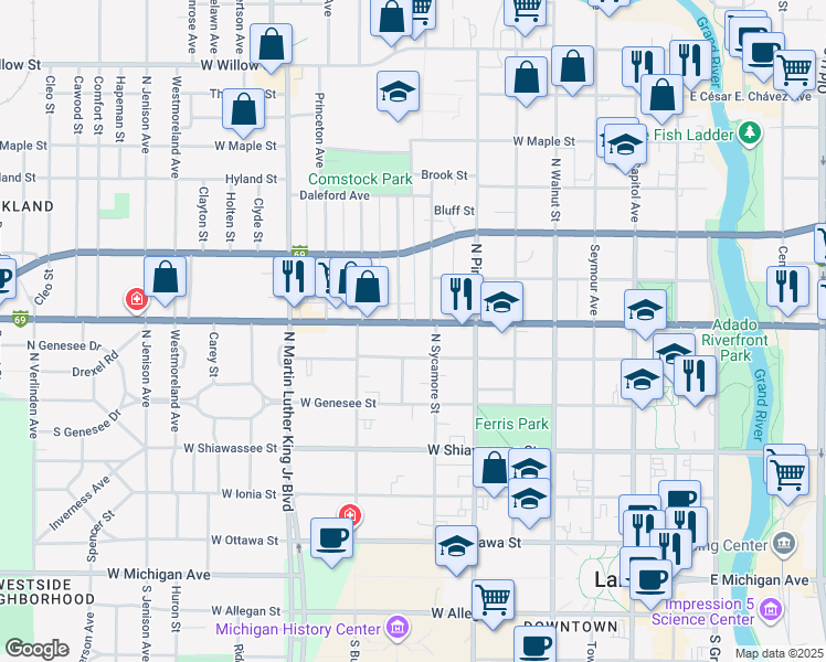 map of restaurants, bars, coffee shops, grocery stores, and more near 722 West Saginaw Street in Lansing