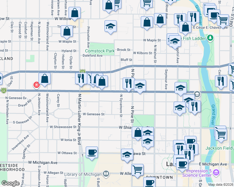 map of restaurants, bars, coffee shops, grocery stores, and more near 722 West Saginaw Street in Lansing