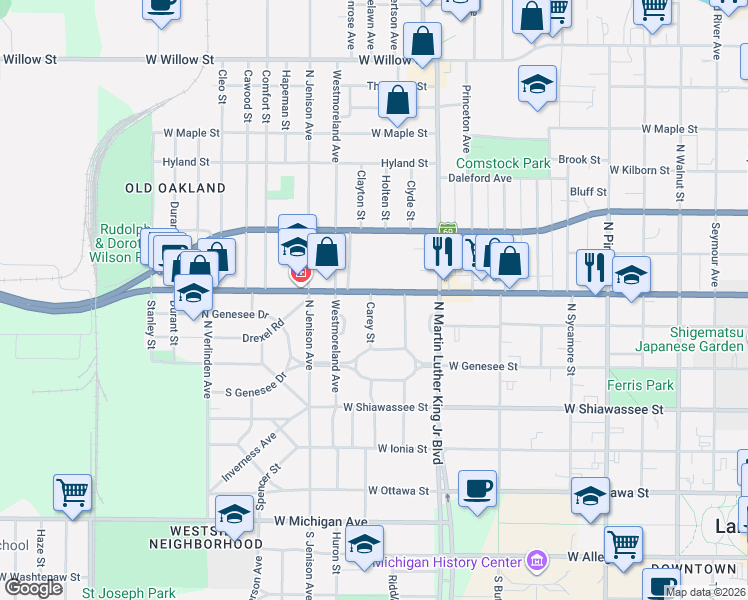 map of restaurants, bars, coffee shops, grocery stores, and more near in Lansing