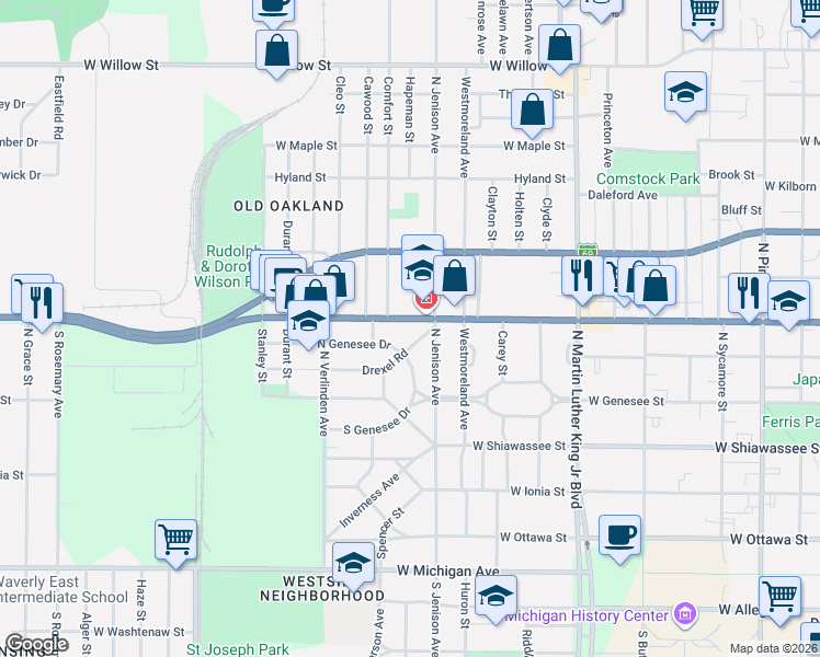 map of restaurants, bars, coffee shops, grocery stores, and more near 1613 West Saginaw Street in Lansing