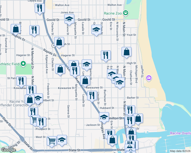 map of restaurants, bars, coffee shops, grocery stores, and more near 1614 Saint Clair Street in Racine
