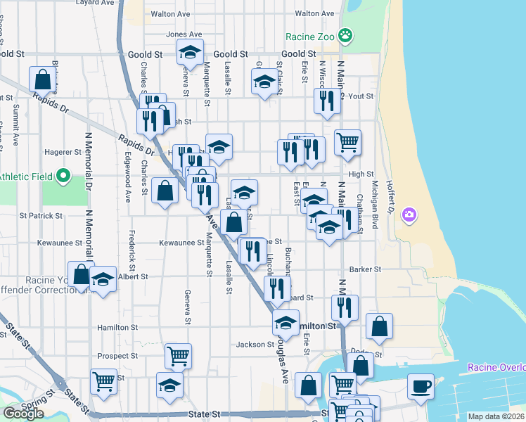 map of restaurants, bars, coffee shops, grocery stores, and more near 1614 Saint Clair Street in Racine