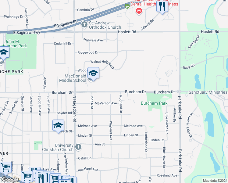 map of restaurants, bars, coffee shops, grocery stores, and more near Burcham Drive in Ingham County