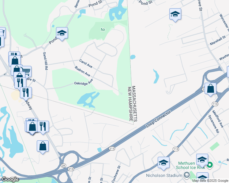 map of restaurants, bars, coffee shops, grocery stores, and more near 46 Budron Avenue in Salem