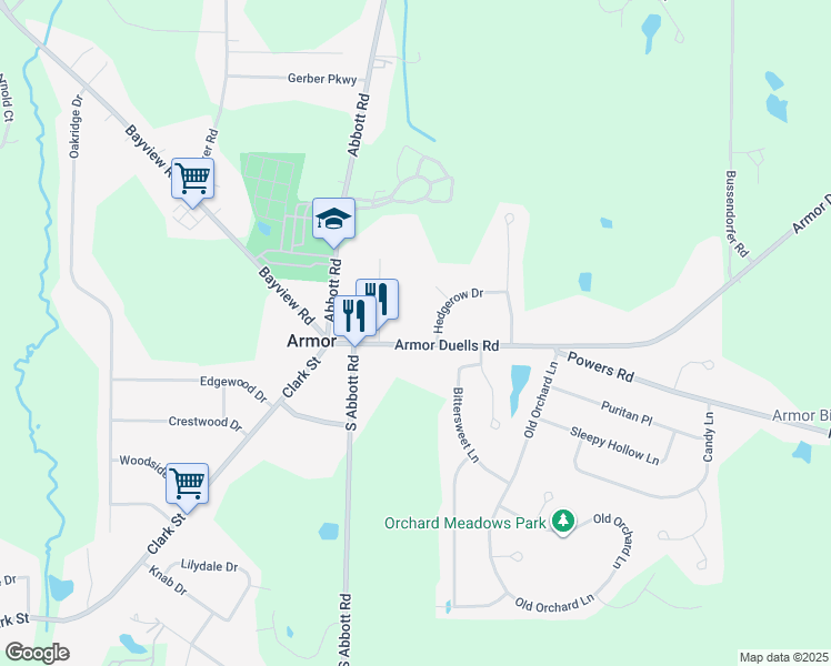 map of restaurants, bars, coffee shops, grocery stores, and more near 5062 Armor Duells Road in Orchard Park