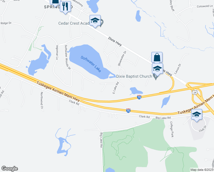 map of restaurants, bars, coffee shops, grocery stores, and more near 7041 Bluewater Drive in Clarkston