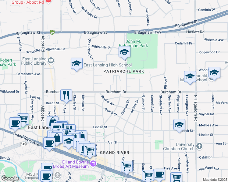 map of restaurants, bars, coffee shops, grocery stores, and more near 735b Burcham Drive in East Lansing