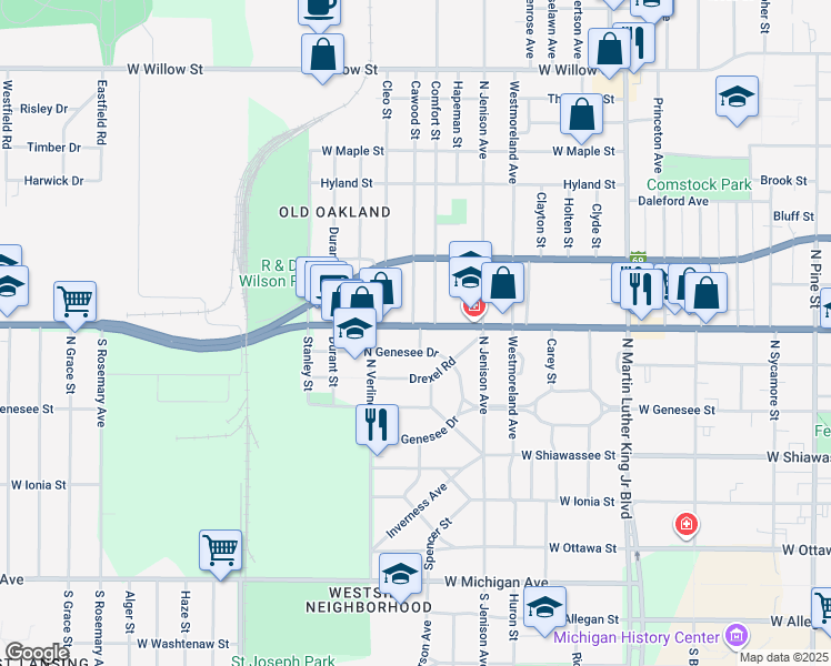 map of restaurants, bars, coffee shops, grocery stores, and more near 1703 West Saginaw Street in Lansing