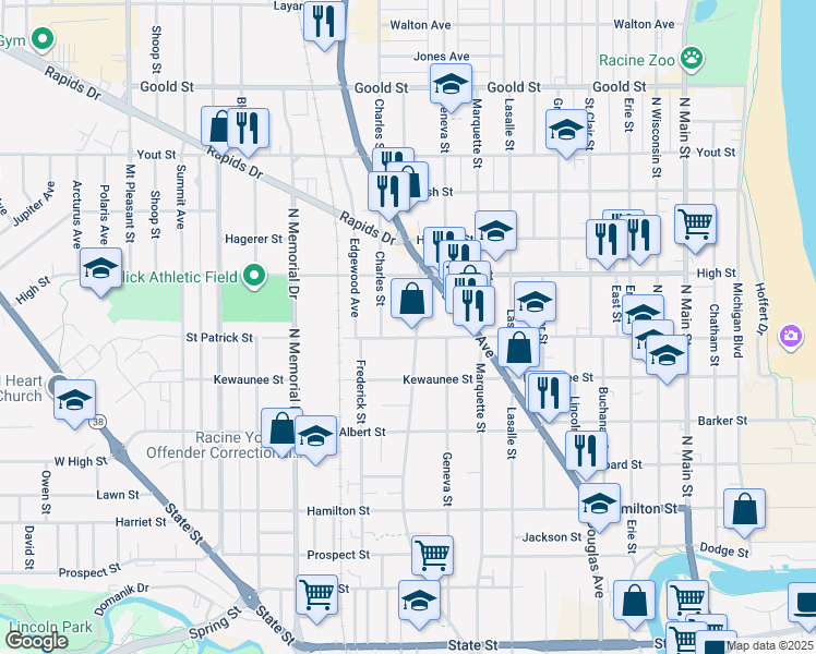 map of restaurants, bars, coffee shops, grocery stores, and more near 1611 Charles Street in Racine
