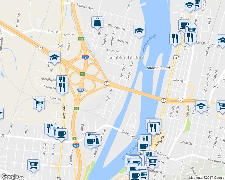 map of restaurants, bars, coffee shops, grocery stores, and more near 58 Paine Street in Troy