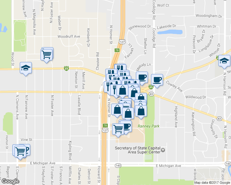 map of restaurants, bars, coffee shops, grocery stores, and more near 3118 E Saginaw St in Lansing