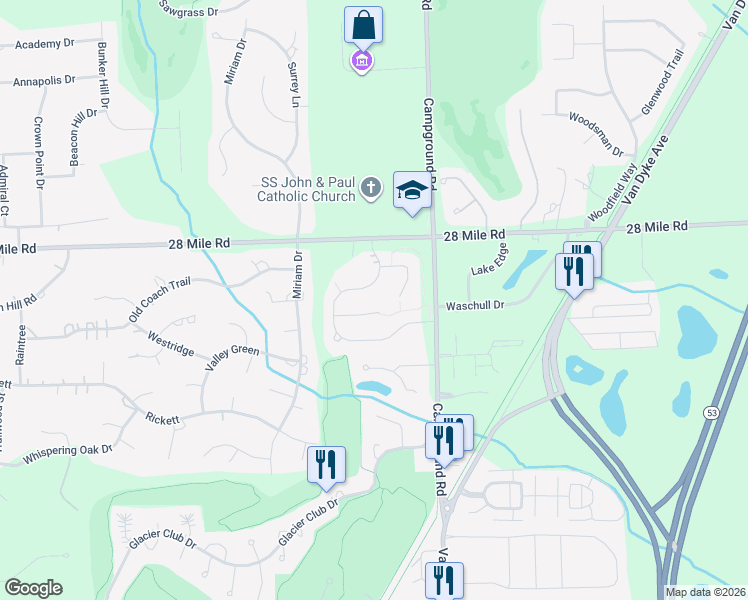 map of restaurants, bars, coffee shops, grocery stores, and more near 7788 28 Mile Road in Washington