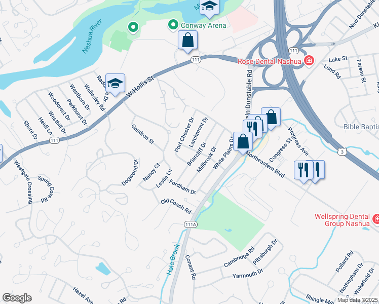 map of restaurants, bars, coffee shops, grocery stores, and more near 16 Valhalla Drive in Nashua