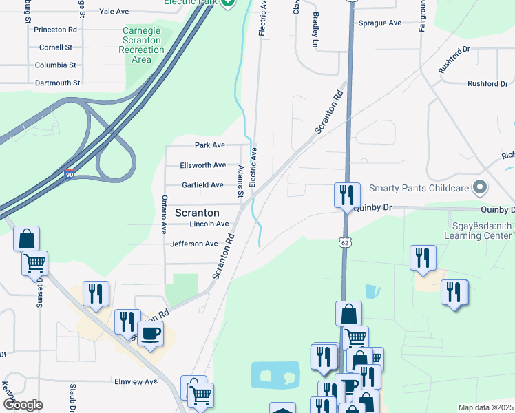 map of restaurants, bars, coffee shops, grocery stores, and more near 5345 Scranton Road in Hamburg