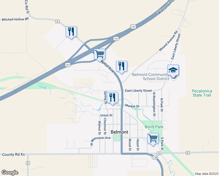 map of restaurants, bars, coffee shops, grocery stores, and more near 215 West Liberty Street in Belmont