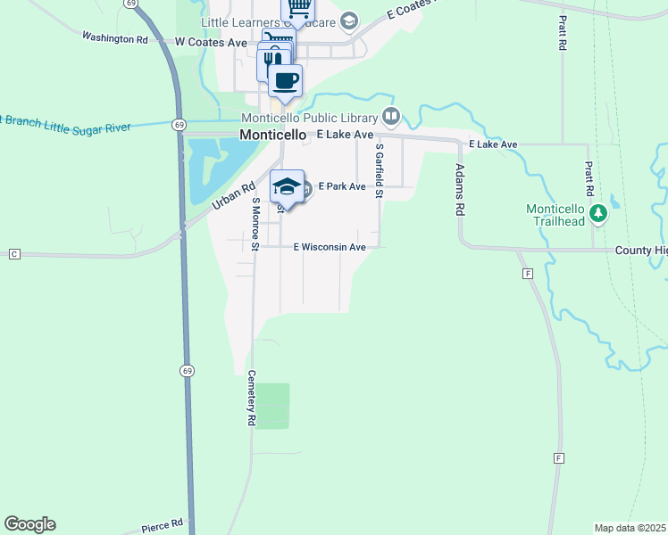 map of restaurants, bars, coffee shops, grocery stores, and more near 507 Montesian Court in Monticello