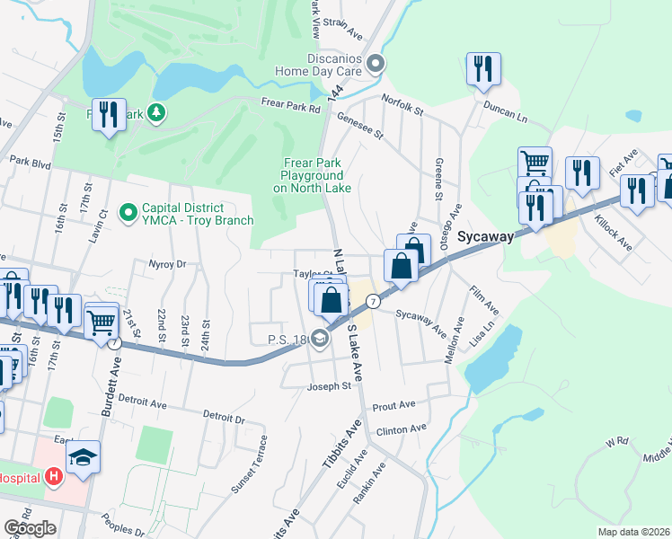 map of restaurants, bars, coffee shops, grocery stores, and more near 23 North Lake Avenue in Troy