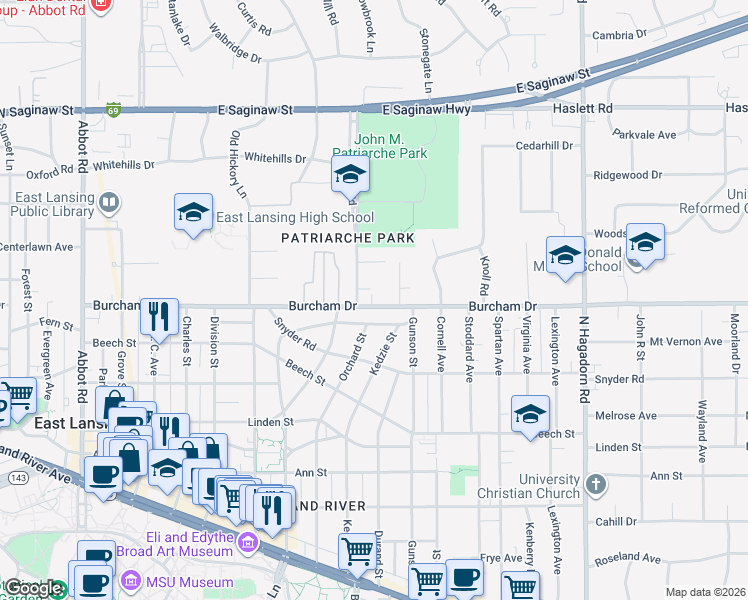 map of restaurants, bars, coffee shops, grocery stores, and more near 931 Burcham Drive in East Lansing